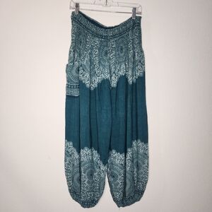 Harem Pants Womens OS Teal Geometric Mandela  Print Pocket Stretch Elastic Rayon